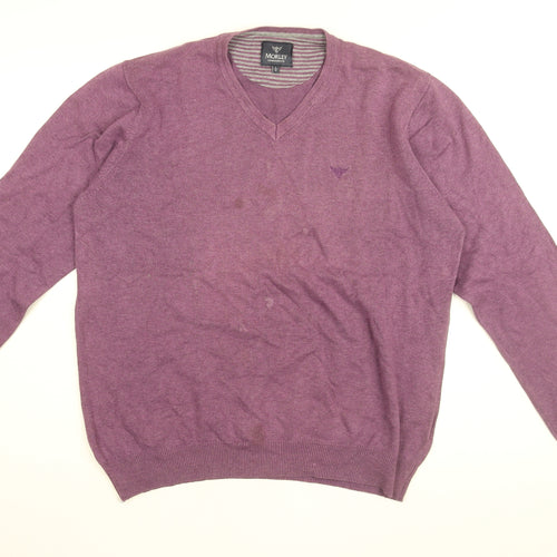 Morley Mens Purple V-Neck Cotton Pullover Jumper Size L Long Sleeve