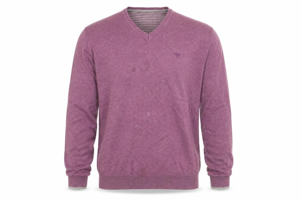 Front view of Morley men’s purple v-neck cotton jumper, size L, long sleeve