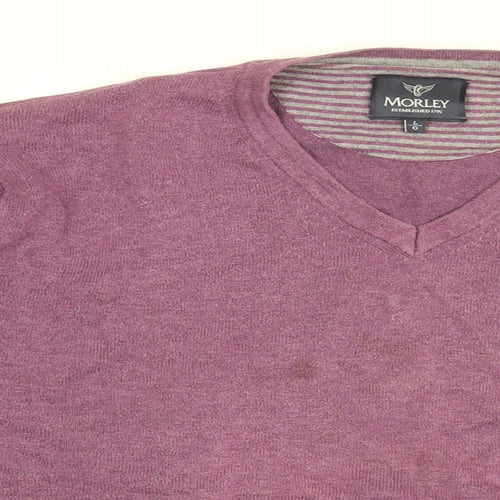 Morley Mens Purple V-Neck Cotton Pullover Jumper Size L Long Sleeve