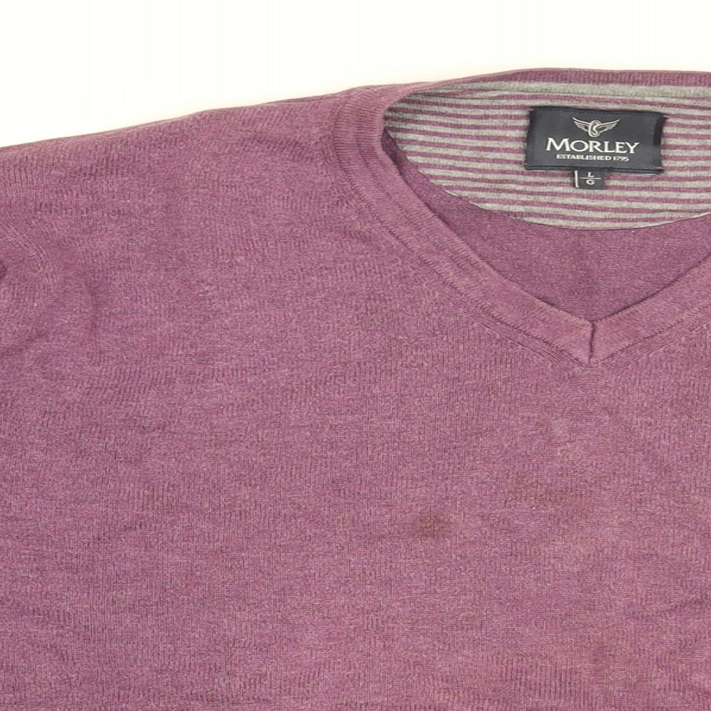 Morley Mens Purple V-Neck Cotton Pullover Jumper Size L Long Sleeve