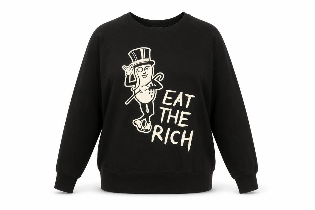 Front view of Eat The Rich women’s black cotton pullover sweatshirt, size 2XL, pullover - eat the rich