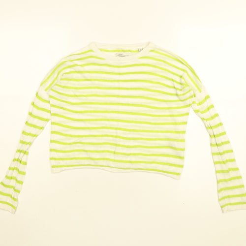 Emoi Womens White Striped Ramie Basic T-Shirt Size 10 Round Neck