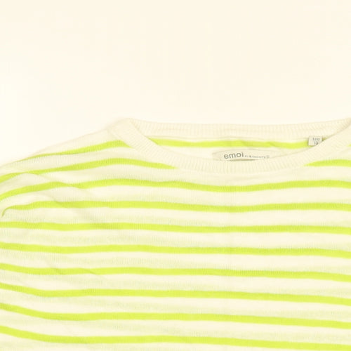 Emoi Womens White Striped Ramie Basic T-Shirt Size 10 Round Neck