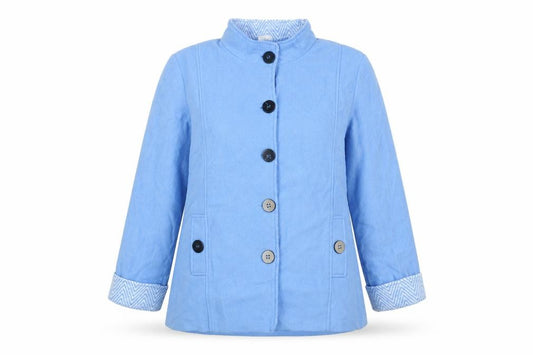 Front view of Anne De Lancay women’s blue jacket coat, size M, button