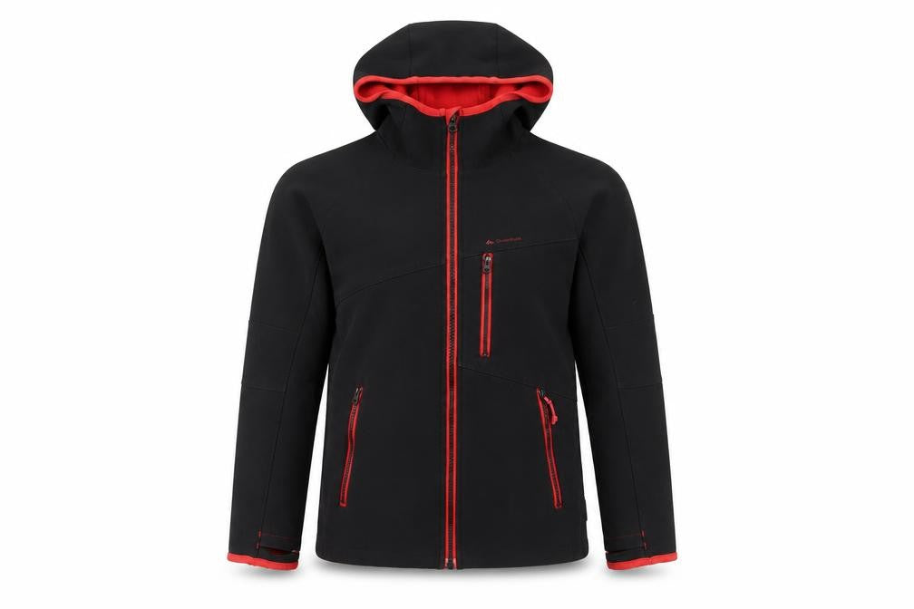 Front view of Oxylane girls’' black soft shell jacket, size 8, hooded