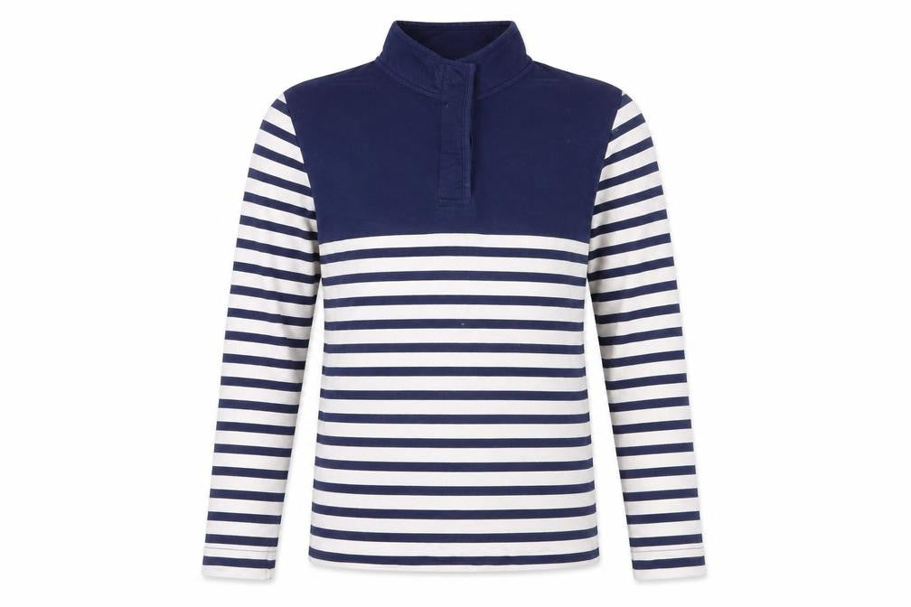 Front view of Cotton Traders Navy & White Striped Henley Sweatshirt, size 12