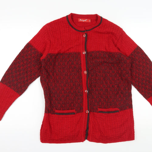 Priyal Red Wool Cardigan 2XL with Geometric Patterns