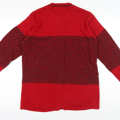 Priyal Red Wool Cardigan 2XL with Geometric Patterns
