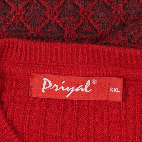 Priyal Red Wool Cardigan 2XL with Geometric Patterns