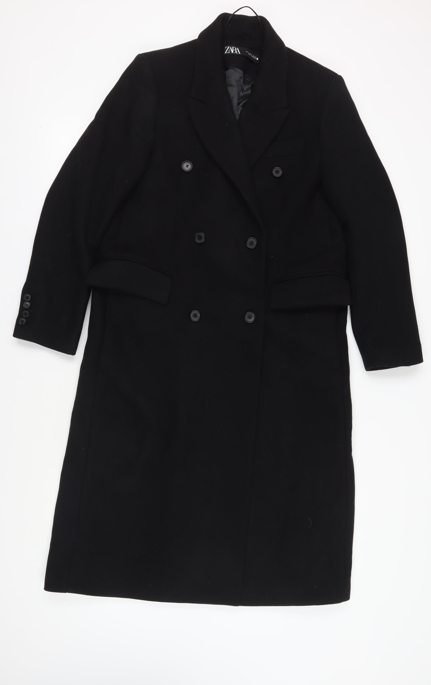 Zara Black Wool Blend Long Overcoat Size 10