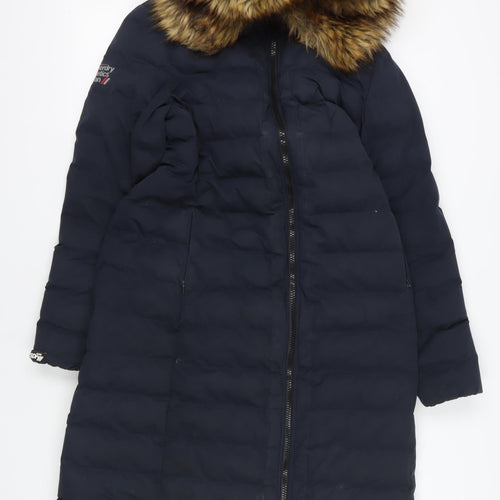 Superdry Blue Puffer Coat with Fur Trim, Size 14