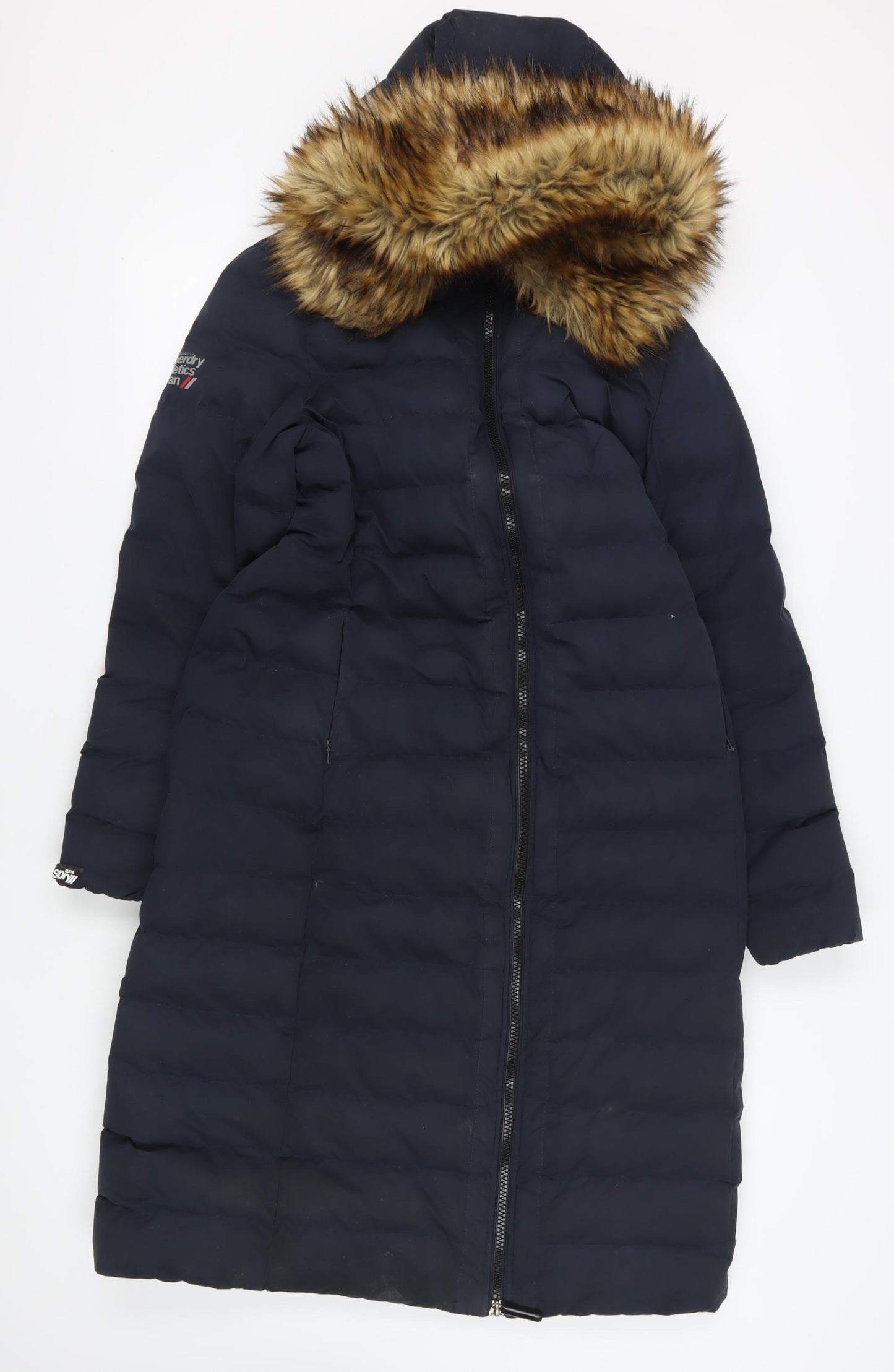 Superdry Blue Puffer Coat with Fur Trim, Size 14