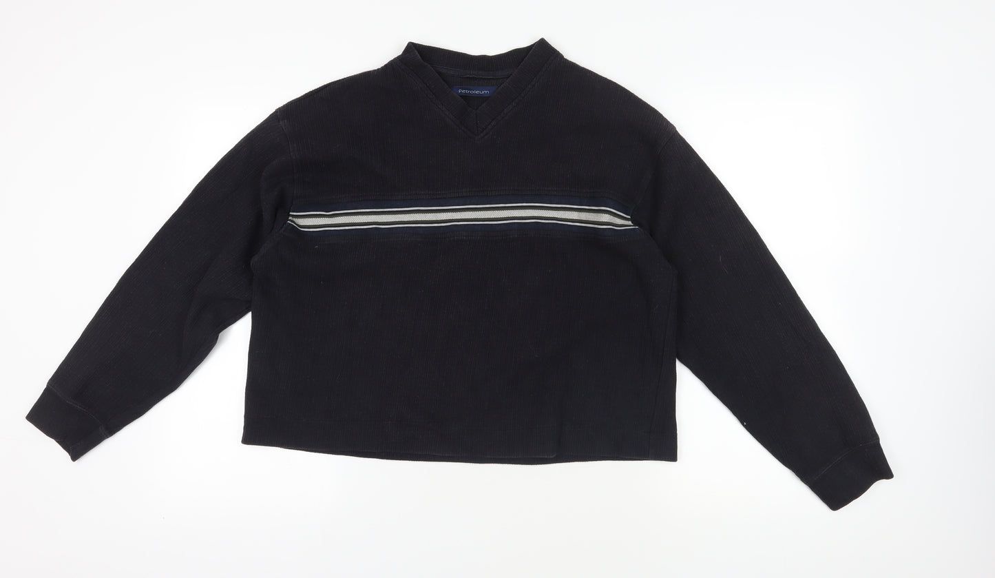 Petroleum Black V-Neck Striped Sweatshirt, Size L