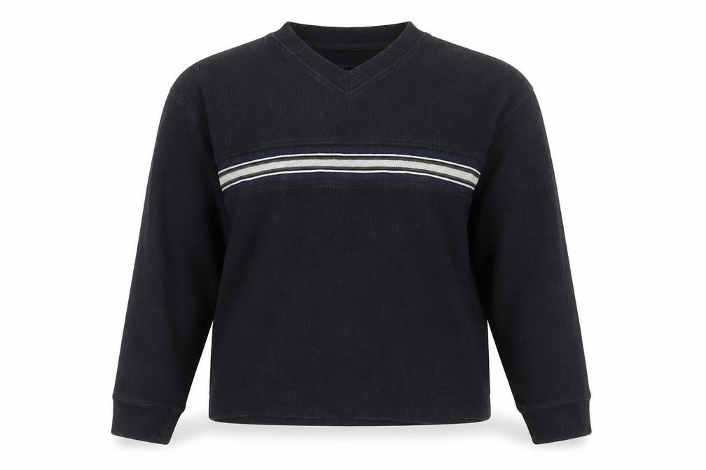 Front view of Petroleum Black V-Neck Striped Sweatshirt, size L