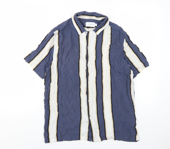 Topman Mens Blue Striped Viscose Button-Up Size M Collared Button