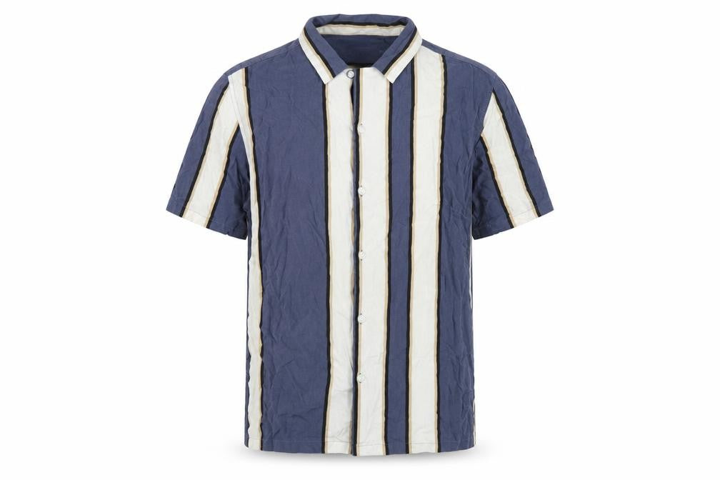 Front view of Topman men’s blue striped viscose button-up, size M, collared button