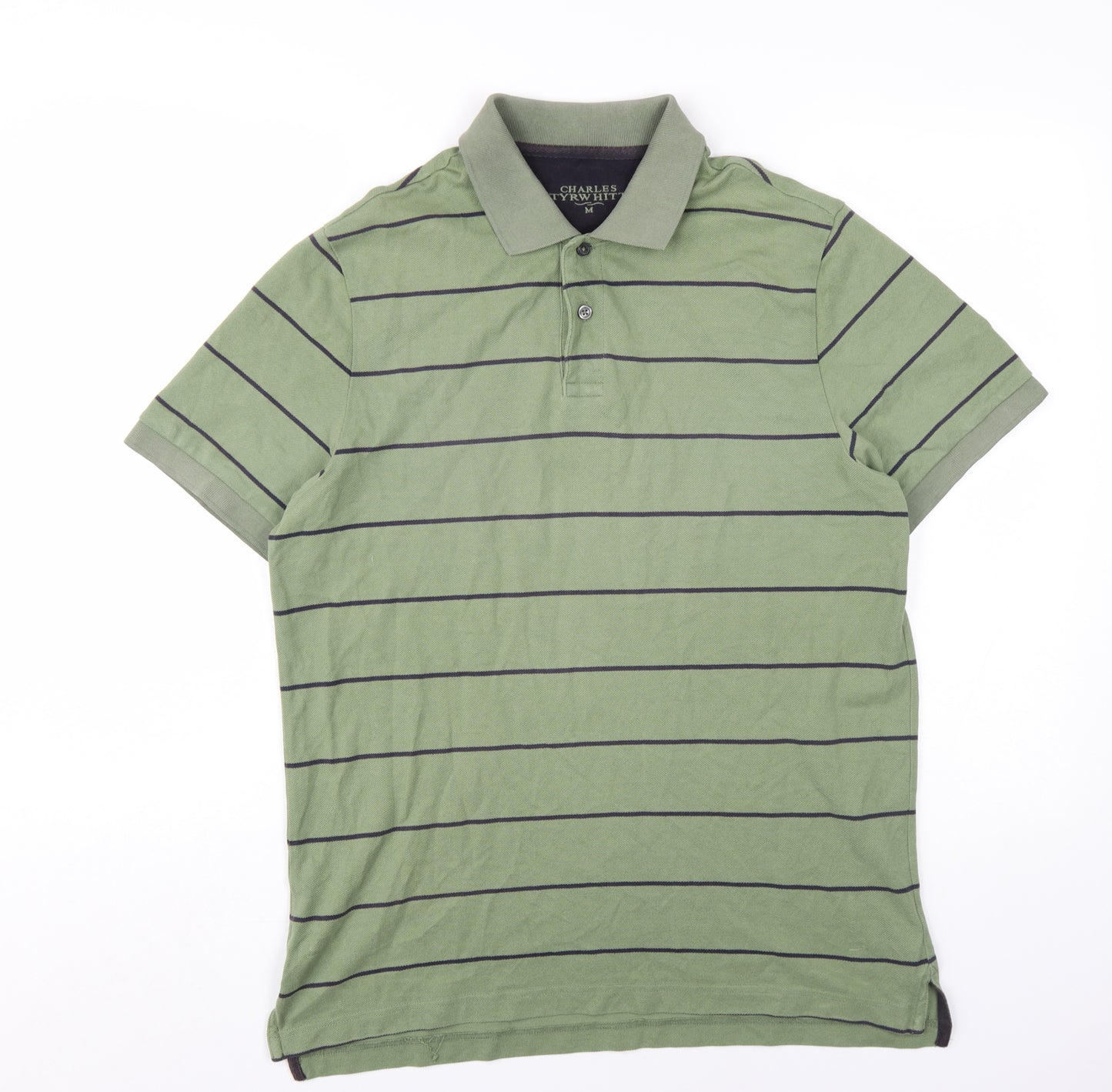 Charles Tyrwhitt Mens Green Striped Cotton Polo Size M Collared Button