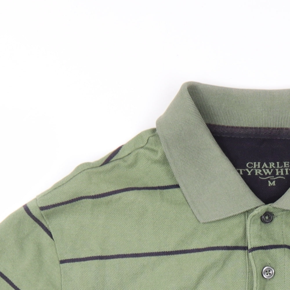 Charles Tyrwhitt Mens Green Striped Cotton Polo Size M Collared Button