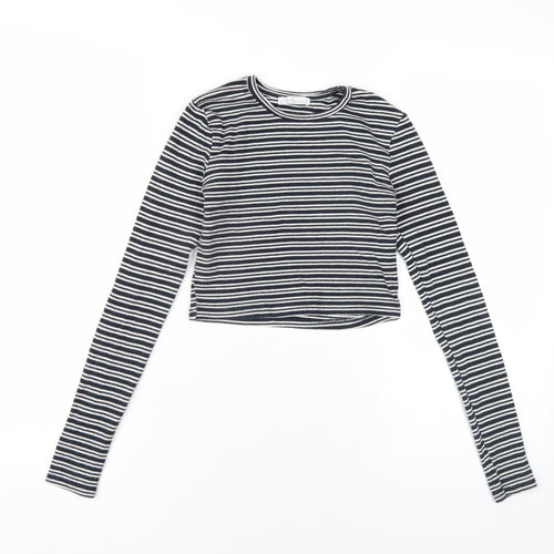 Zara Womens Black Striped Cotton Cropped T-Shirt Size S Round Neck
