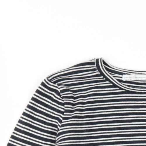 Zara Womens Black Striped Cotton Cropped T-Shirt Size S Round Neck