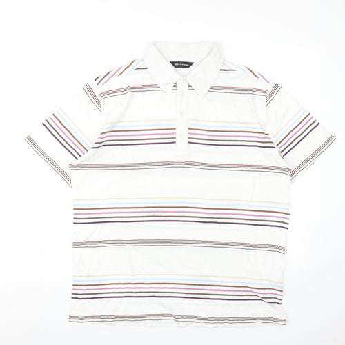 Autograph Mens White Striped Cotton Polo Size XL Collared Button