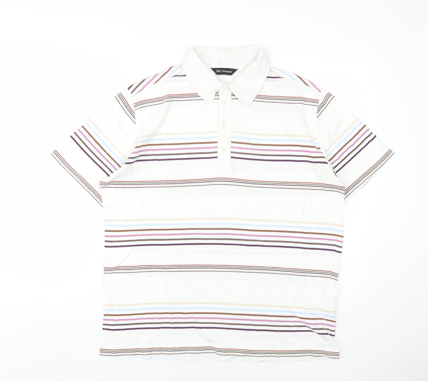 Autograph Mens White Striped Cotton Polo Size XL Collared Button