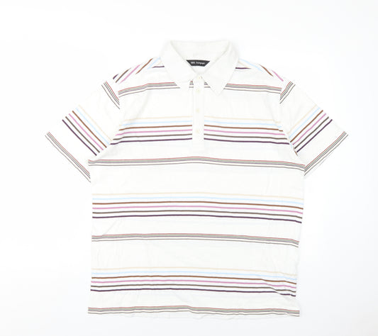 Autograph Mens White Striped Cotton Polo Size XL Collared Button