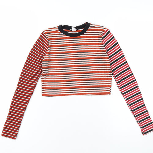 Topshop Womens Multicoloured Striped Polyester Cropped T-Shirt Size 4 Round Neck