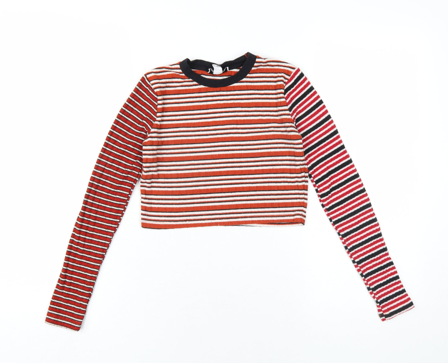 Topshop Womens Multicoloured Striped Polyester Cropped T-Shirt Size 4 Round Neck