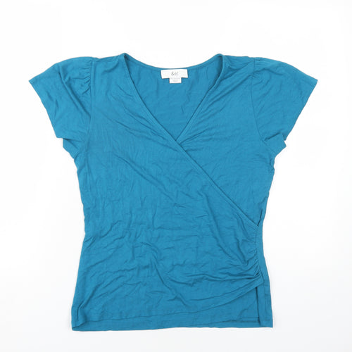 &et Womens Blue Viscose Basic T-Shirt Size 14 V-Neck