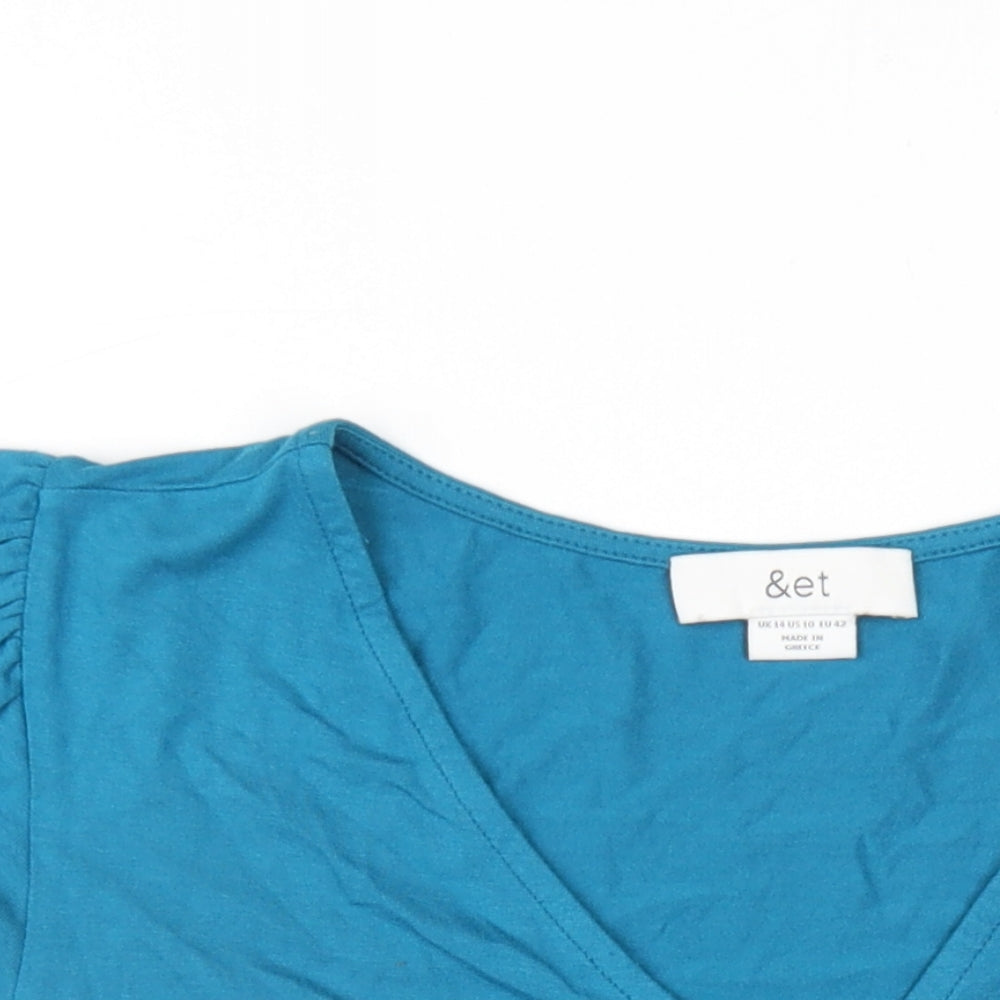 &et Womens Blue Viscose Basic T-Shirt Size 14 V-Neck