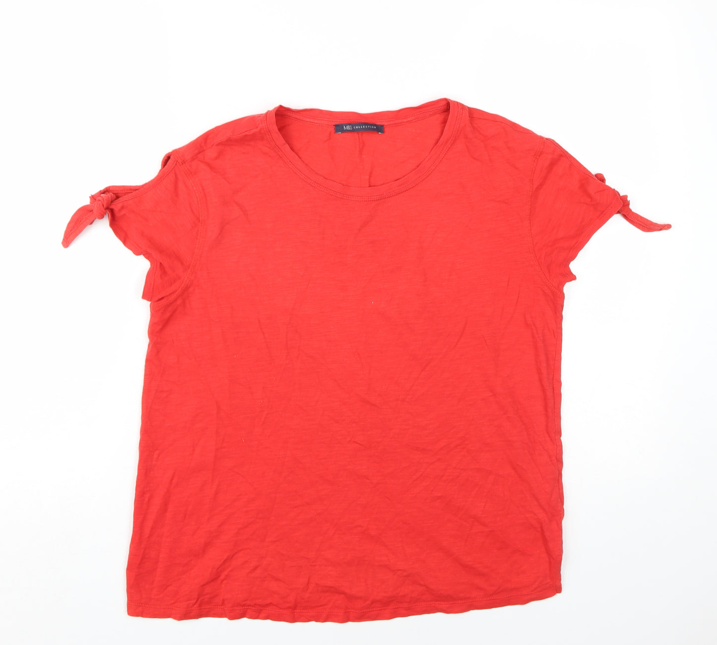 Marks and Spencer Womens Red Cotton Basic T-Shirt Size 10 Round Neck - Cold Shoulder Tie