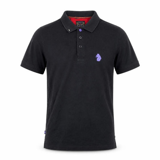 Front view of Luke 1977 men’s black cotton polo, size M, collared button