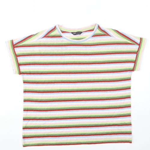 Marks and Spencer Womens Multicoloured Striped Linen Basic T-Shirt Size 14 Round Neck