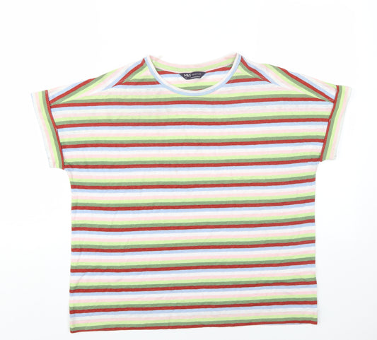 Marks and Spencer Womens Multicoloured Striped Linen Basic T-Shirt Size 14 Round Neck