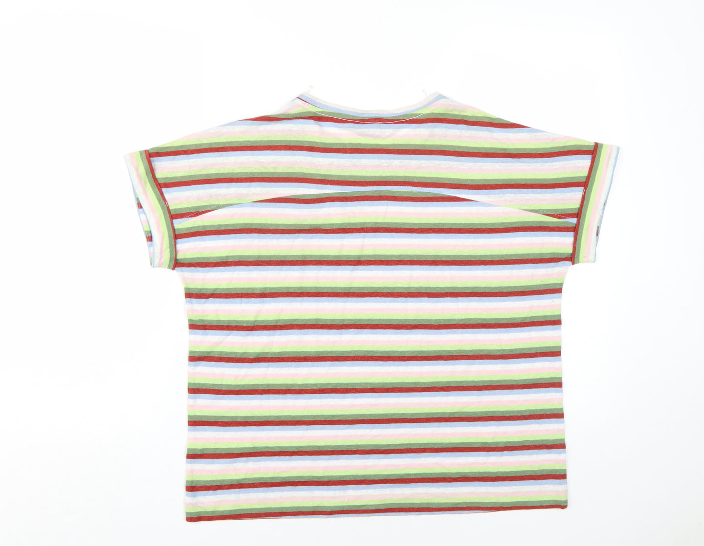 Marks and Spencer Womens Multicoloured Striped Linen Basic T-Shirt Size 14 Round Neck