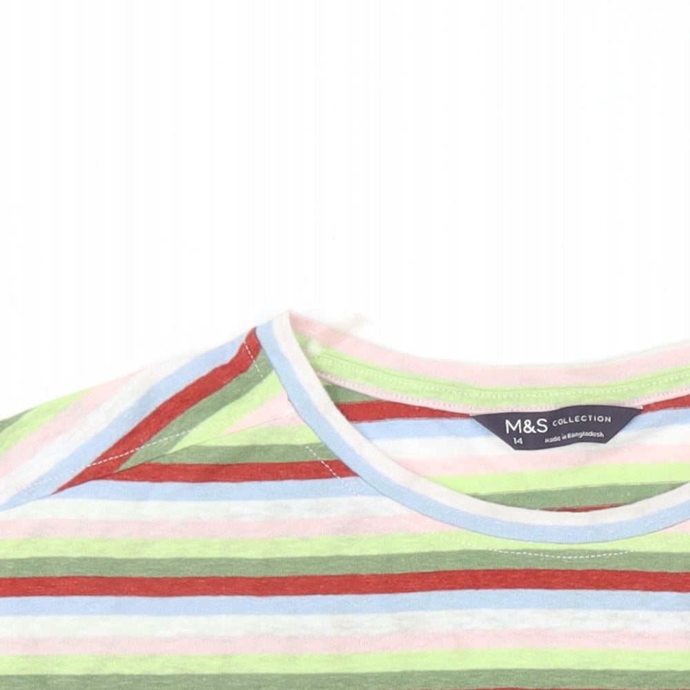 Marks and Spencer Womens Multicoloured Striped Linen Basic T-Shirt Size 14 Round Neck