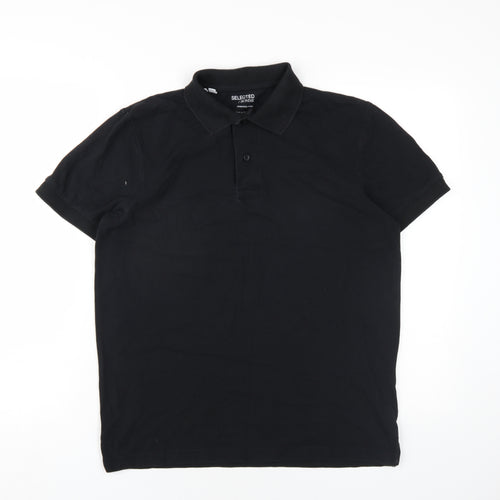 Selected Homme Mens Black Cotton Polo Size S Collared Button