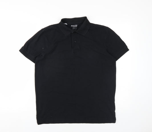 Selected Homme Mens Black Cotton Polo Size S Collared Button