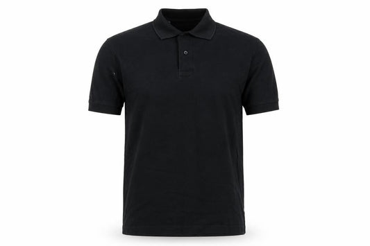 Front view of Selected Homme men’s black cotton polo, size S, collared button