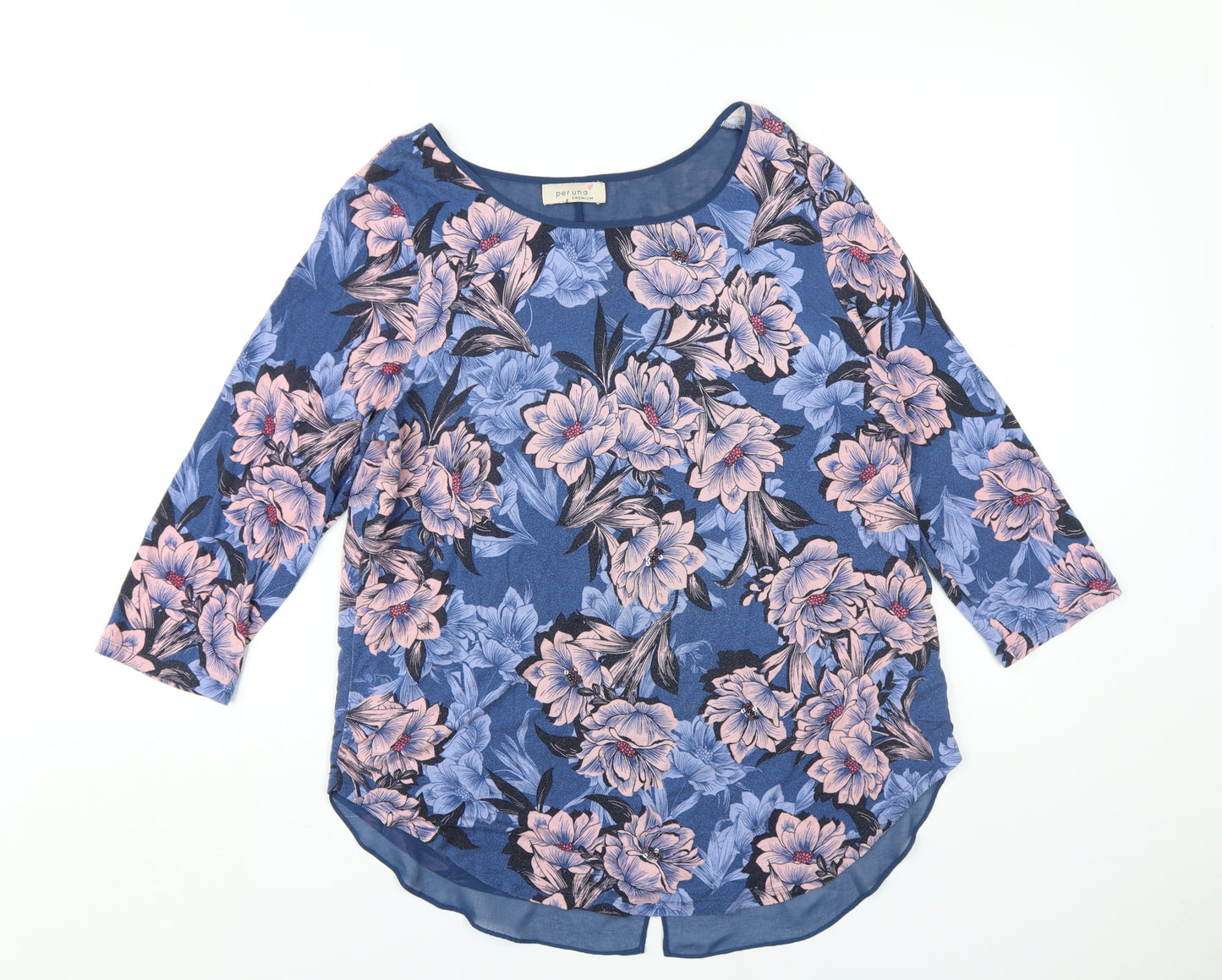 Per Una Womens Blue Floral Viscose Basic T-Shirt Size 14 Round Neck