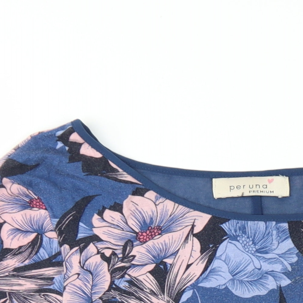 Per Una Womens Blue Floral Viscose Basic T-Shirt Size 14 Round Neck