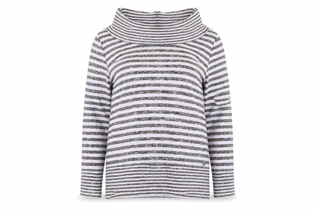 Front view of TIGI women’s purple roll neck striped viscose jumper, size UK 14