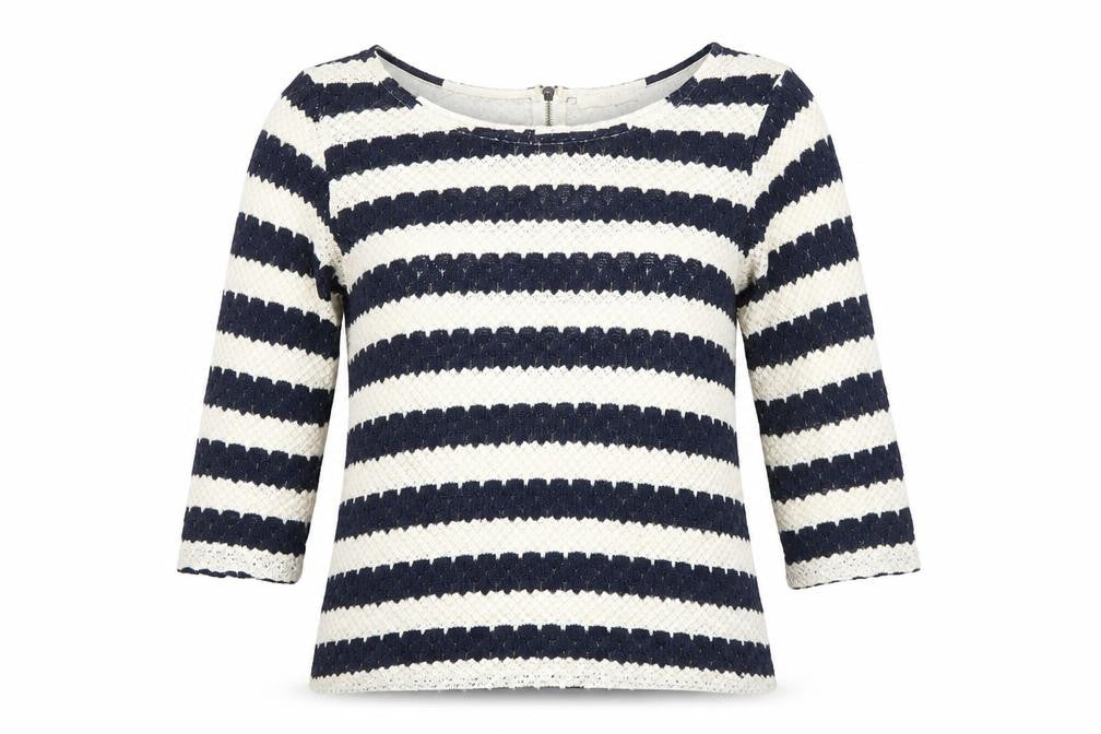 Front view of Oasis women’s blue round neck striped acrylic jumper, size M
