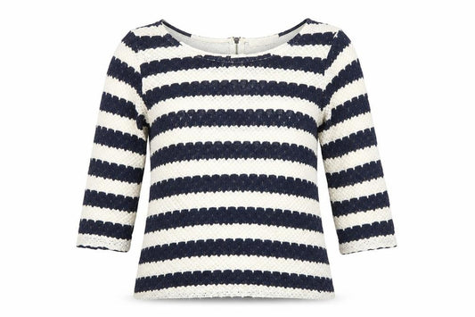Front view of Oasis women’s blue round neck striped acrylic jumper, size M