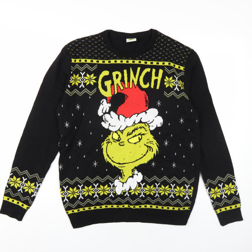 The Grinch Mens Black Crew Neck Geometric Cotton Pullover Jumper Size M Long Sleeve - Grinch Christmas