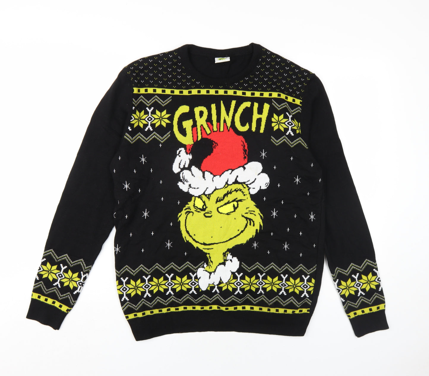 The Grinch Mens Black Crew Neck Geometric Cotton Pullover Jumper Size M Long Sleeve - Grinch Christmas