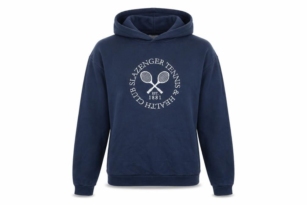 Front view of Slazenger women’s blue cotton pullover hoodie, size UK 10, pullover