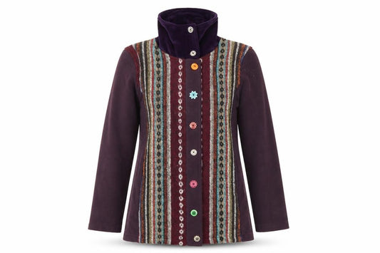 Front view of Namaste women’s multicoloured geometric jacket coat, size M, button