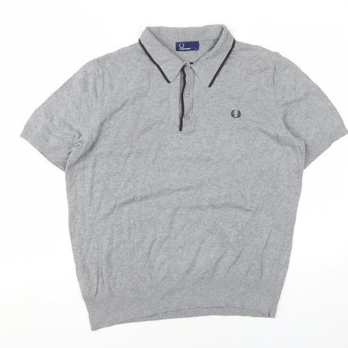 Fred Perry Mens Grey Cotton Polo Size L Collared Button